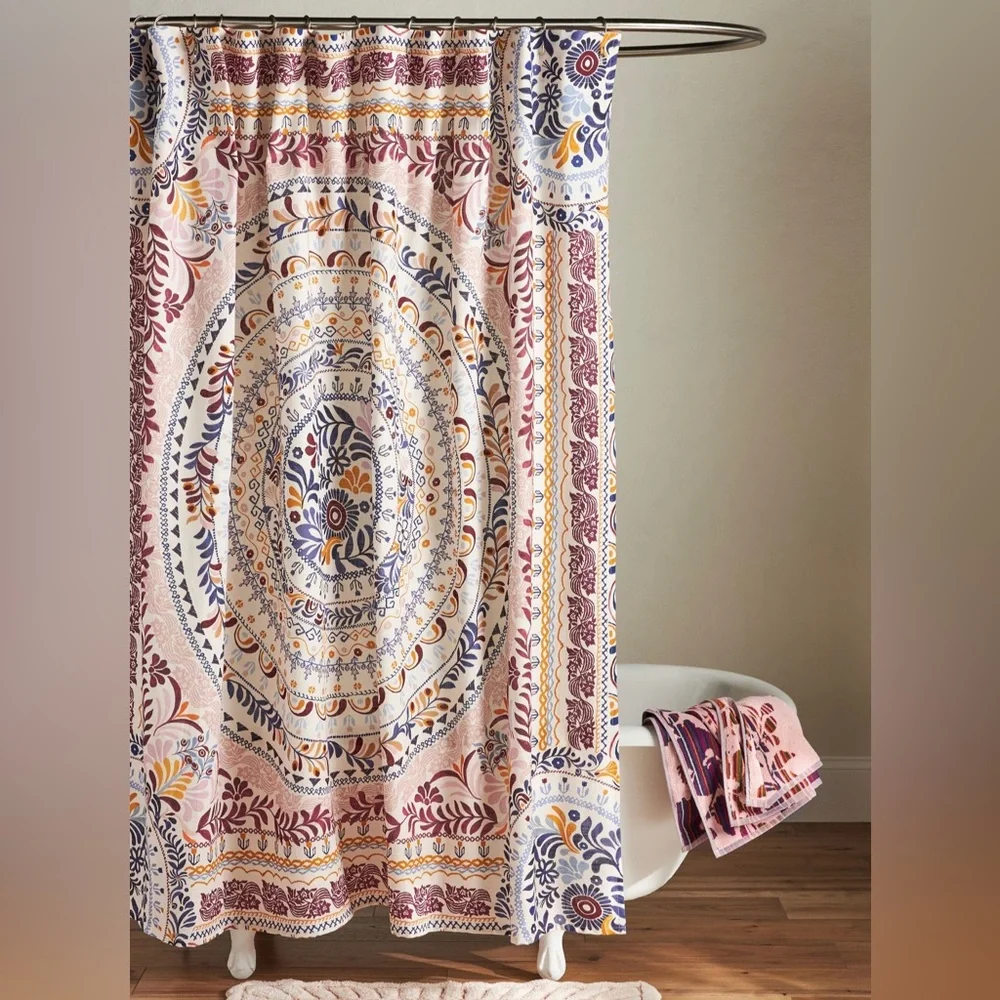 Anthropologie Pink Blue Gold Mandala Shower Curtain
